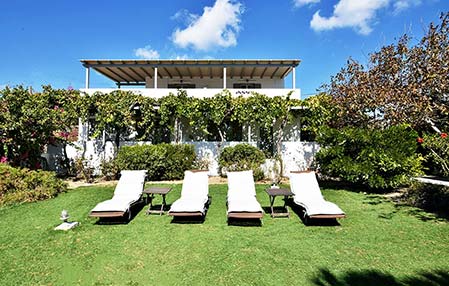 Κήπος με ξαπλώστρες στο Myrto bungalows